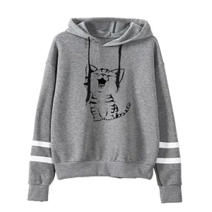 Grey hooded sweatshirt featuring cute cat graphic and double stripe sleeves daily casual.