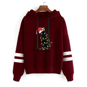 Christmas black cat print hoodie with double stripe sleeves, cozy winter hooded sweatshirt.