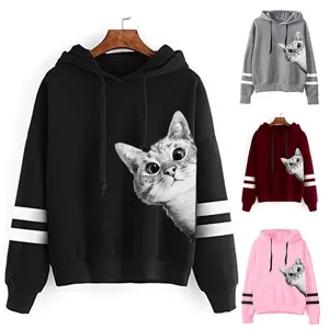 Unisex Casual Polyester Hoodie Süßer Katzen Druck Gestreifter Ärmel Langarm Kapuzenpullover Lockerer Sweatshirt Für Damen Herren