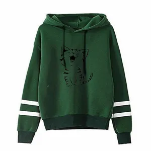 Unisex green hoodie with cute cartoon cat print and double stripe sleeves, comfortable casual wear.