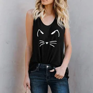 Women Modal Sleeveless Tank Top Round Neck Cat Print Breathable Casual Summer Vest Soft Slim Fit Graphic Top