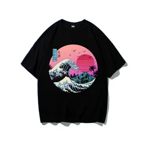 Close-up detail of the graphic print featuring a retro wave design on the black cotton fabric.