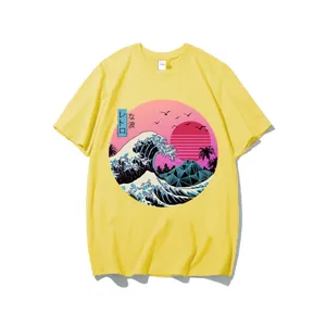 Retro wave art graphic detail on yellow cotton t-shirt showing front chest print design.