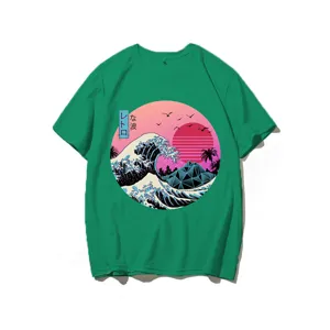 Close-up detail of the vintage wave graphic on the green cotton t-shirt fabric texture.
