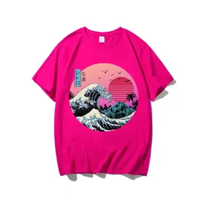 Close-up detail of the retro wave Japanese style graphic print on the pink cotton t-shirt.