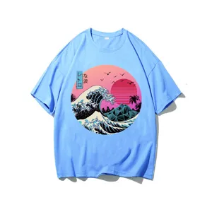 Blue short sleeve t-shirt with retro wave Japanese art graphic for casual street wear.