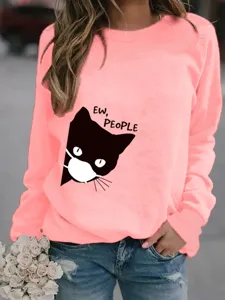 Vista dettagliata della felpa rosa con stampa di gatto, maglione casual a maniche lunghe da donna.