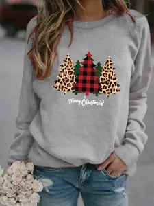 Felpa casual da donna con girocollo a maniche lunghe e stampa leopardo albero di Natale.