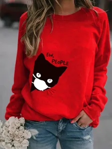 Felpa rossa da donna con scollo rotondo, grafica di gatto e stampa di lettere divertente.