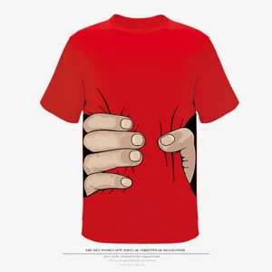 Detailed view of red short sleeve t-shirt with funny hand graphic design for men and women.