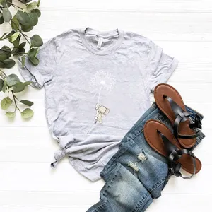 Grey cute elephant print short sleeve t-shirt for women, casual graphic tee detail view.