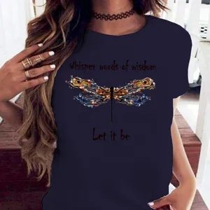 T-shirt femme décontracté bleu foncé à manches courtes avec imprimé graphique de libellule.