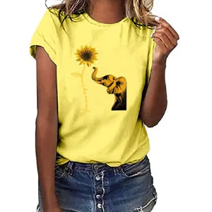 Dames casual gele korte mouw t-shirt met schattige olifant zonnebloem grafische print top.