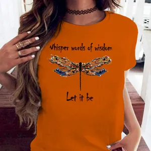 T-shirt femme orange à manches courtes avec imprimé graphique libellule créatif et texte col rond