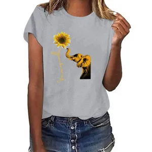 Dames grijs korte mouw t-shirt zomer casual top met schattige olifant zonnebloem print.