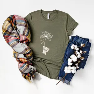 Olive green short sleeve t-shirt detail featuring cute elephant dandelion graphic flat lay