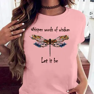 T-shirt décontracté à manches courtes et col rond pour femme avec un bel imprimé libellule.
