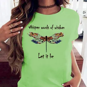 T-shirt femme manches courtes col rond ample imprime libellule haut casual ete mode