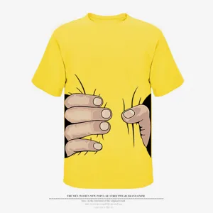 Funny cartoon hand grab graphic print short sleeve yellow t-shirt for men and women casual wear