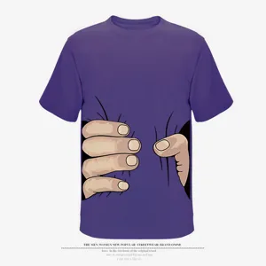 Purple short sleeve t-shirt featuring funny cartoon hands graphic print design for casual daily wear.