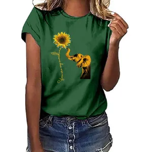 Creatief dames t-shirt met korte mouwen, losse ronde hals en olifant zonnebloem print.