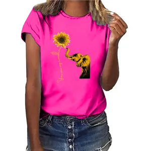 Dames casual korte mouw t-shirt roze met leuke olifant en zonnebloem grafische print top