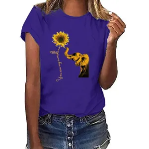 Dames casual paars korte mouw t-shirt met schattige olifant en zonnebloem print.