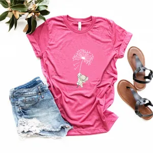 Pink short sleeve t-shirt featuring a cute cartoon elephant print and a classic crew neck design.