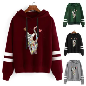 Unisex Cat Print Double Stripe Sleeve Hooded Sweatshirt Pullover Top Casual Streetwear Long Sleeve Hoodie For Men Women