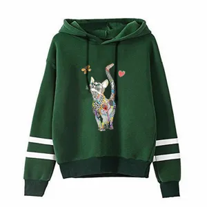 Dark green hoodie featuring double white sleeve stripes and a colorful abstract cat print.