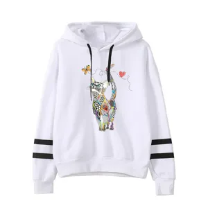Detailed view of the white hoodie featuring a colorful artistic cat print and striped sleeves.