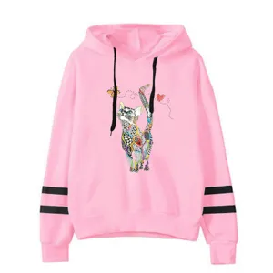 Pink hooded sweatshirt with cute cat graphic print and casual black striped sleeves.