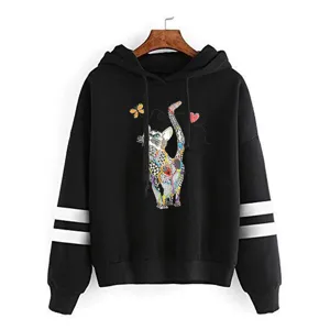 Black hoodie with colorful cat graphic and white sleeve stripes for casual daily wear.
