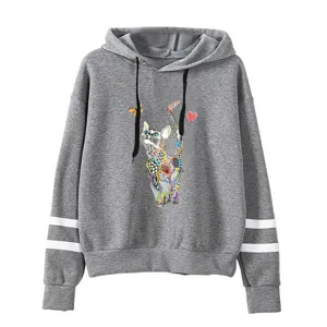 Grey hooded sweatshirt with double stripe sleeves and colorful geometric cat print detail.