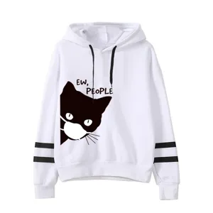 Felpa con cappuccio bianca casual con gatto nero che indossa una maschera. Morbida e confortevole.