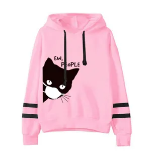 Felpa con cappuccio rosa da uomo e donna con stampa di gatto e doppie strisce.