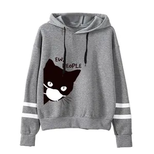 Felpa con cappuccio grigia con stampa di gatto carino e maniche a doppia riga per uomo donna