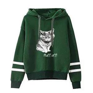 Green hoodie for women men casual long sleeve pullover streetwear with cute cat graphic and stripes.
