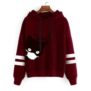 Felpa con Cappuccio Uomo Donna Doppia Striscia Gatto Stampa Manica Lunga Top Casual