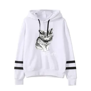 Detailed view of white hoodie with black sleeve stripes and grumpy cat graphic chest print.