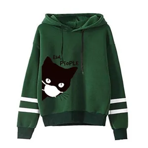 Felpa con cappuccio verde scuro con stampa di gatto, felpa casual da uomo e da donna.
