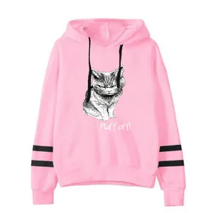 Pink casual hooded sweatshirt with black stripe sleeves and cute cat graphic design for daily wear.