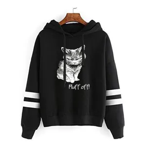 Casual black hooded sweatshirt featuring a grumpy cat graphic and double stripe sleeves daily wear.