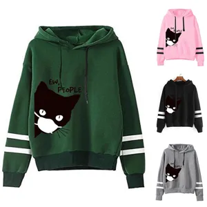 Felpa con Cappuccio Unisex con Stampa Gatto Mascherato Manica Lunga con Doppia Riga Ew People Casual Streetwear