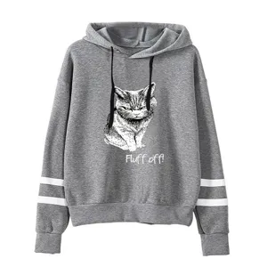 Detailed view of grey hoodie featuring cat graphic and stripes detail on sleeves texture