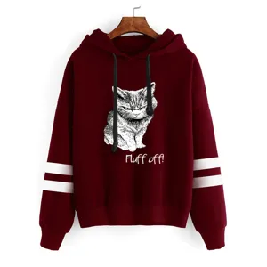 Women Men Hooded Sweatshirt Cute Cat Print Double Stripe Long Sleeve Casual Pullover Top