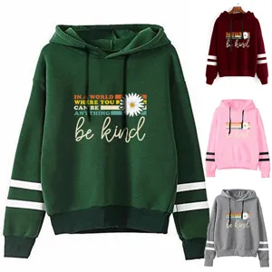 Sweat à Capuche Unisexe Décontracté en Polyester Imprimé Lettre Marguerite Rayures Manches Longues Pull Chaud Vêtement de Rue