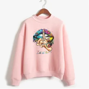 Pink graphic sweatshirt with lip and peace sign print for women, mock neck pullover.