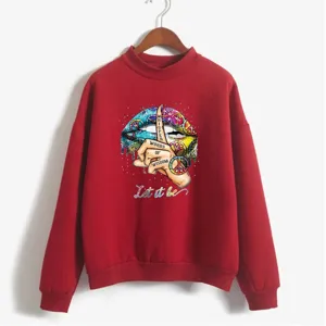 Red mockneck long sleeve sweatshirt for women, featuring cool graphic print fall streetwear.
