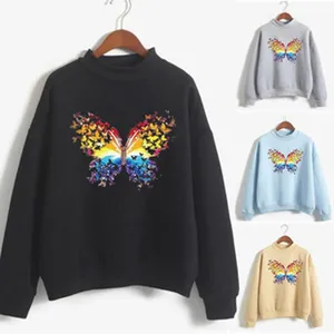 Women autumn winter mock neck long sleeve sweatshirt with colorful butterfly print variants.